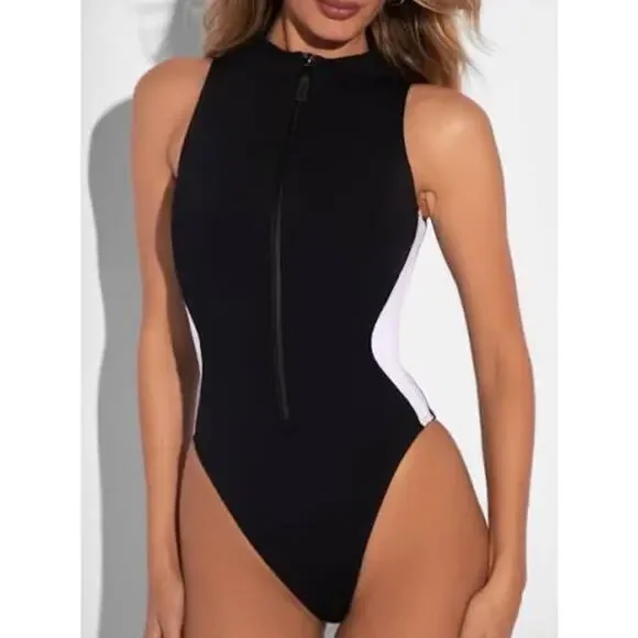 NWT TA3 Sleeveless Surfy Crewneck One Piece Swimsuit Size Large Black White - Picture 2 of 11
